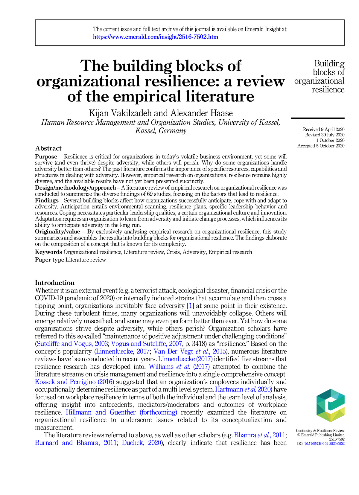 The Building Blocks Of Organizational Resilience A Review Of The ...