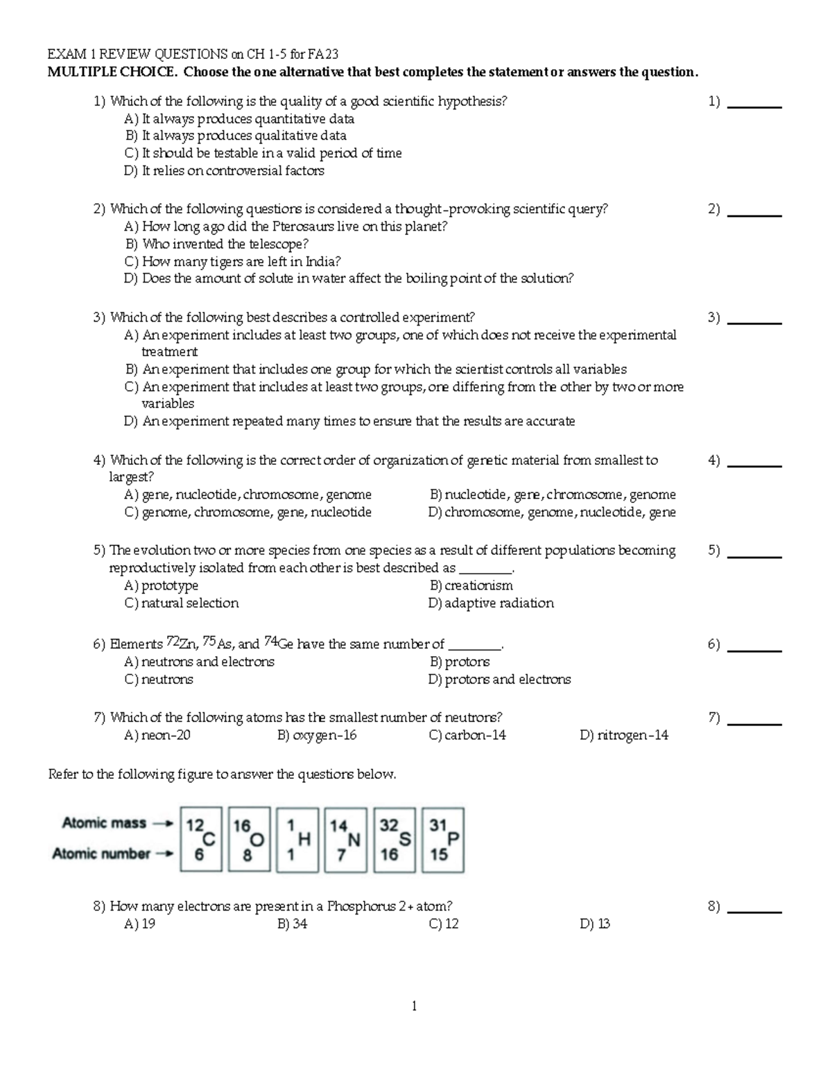 Biol 1201 Exam 1 Review - EXAM 1 REVIEW QUESTIONS on CH 1-5 for FA ...