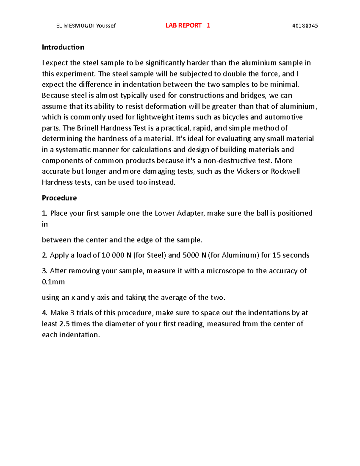 Lab Report on Brinell Hardness Test for Steel and Aluminium Samples ...