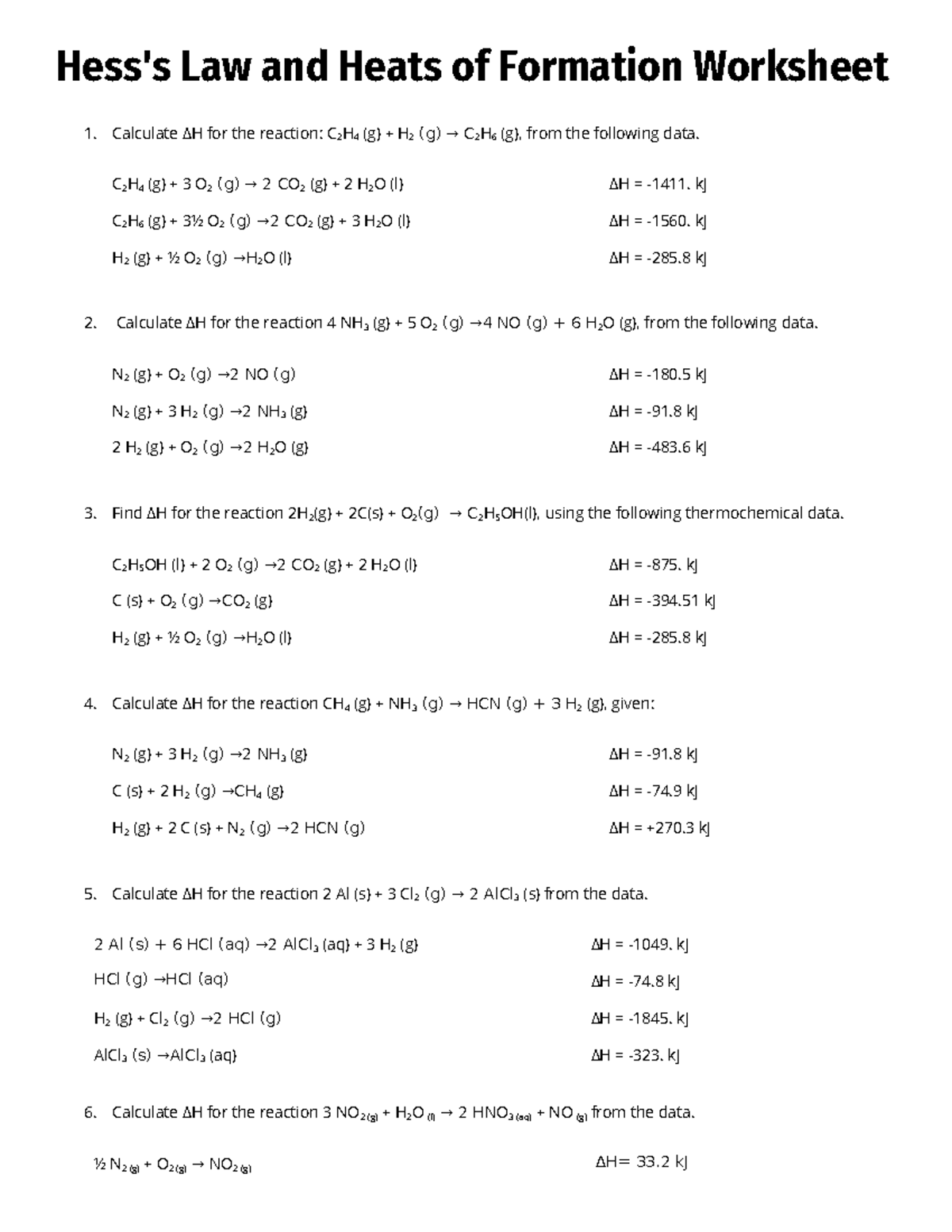 Hess's Law and Heats of Formation Worksheet Hess's Law and Heats of