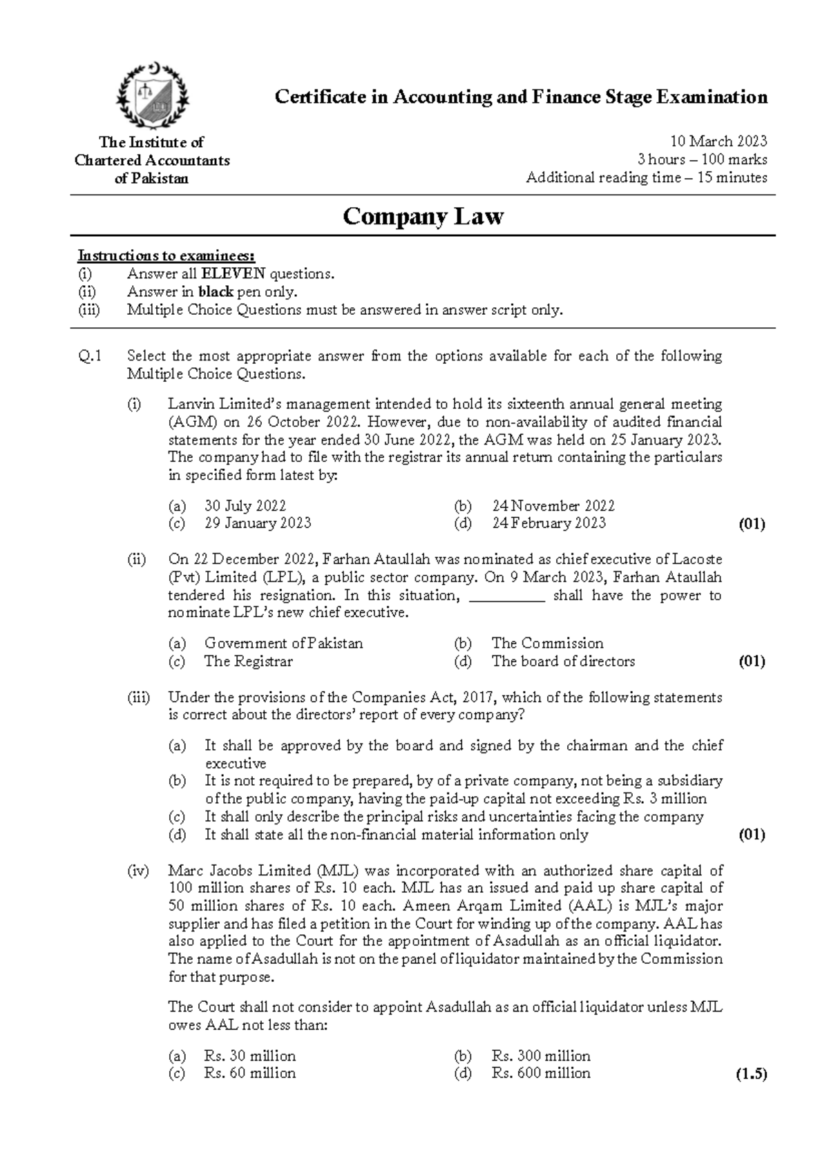 CAF 7 CLW Spring 2023 - Past paper - Certificate in Accounting and ...