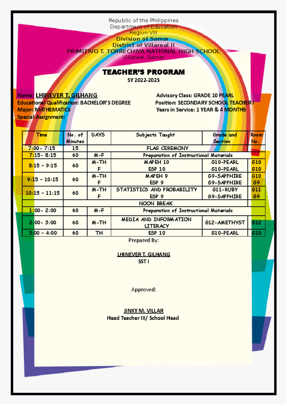 Class Program And Teachers Program
