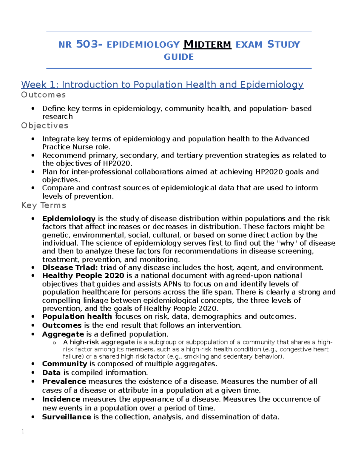 NR 503 Study Guide -Midterm - NR 503- EPIDEMIOLOGY MIDTERM EXAM STUDY ...