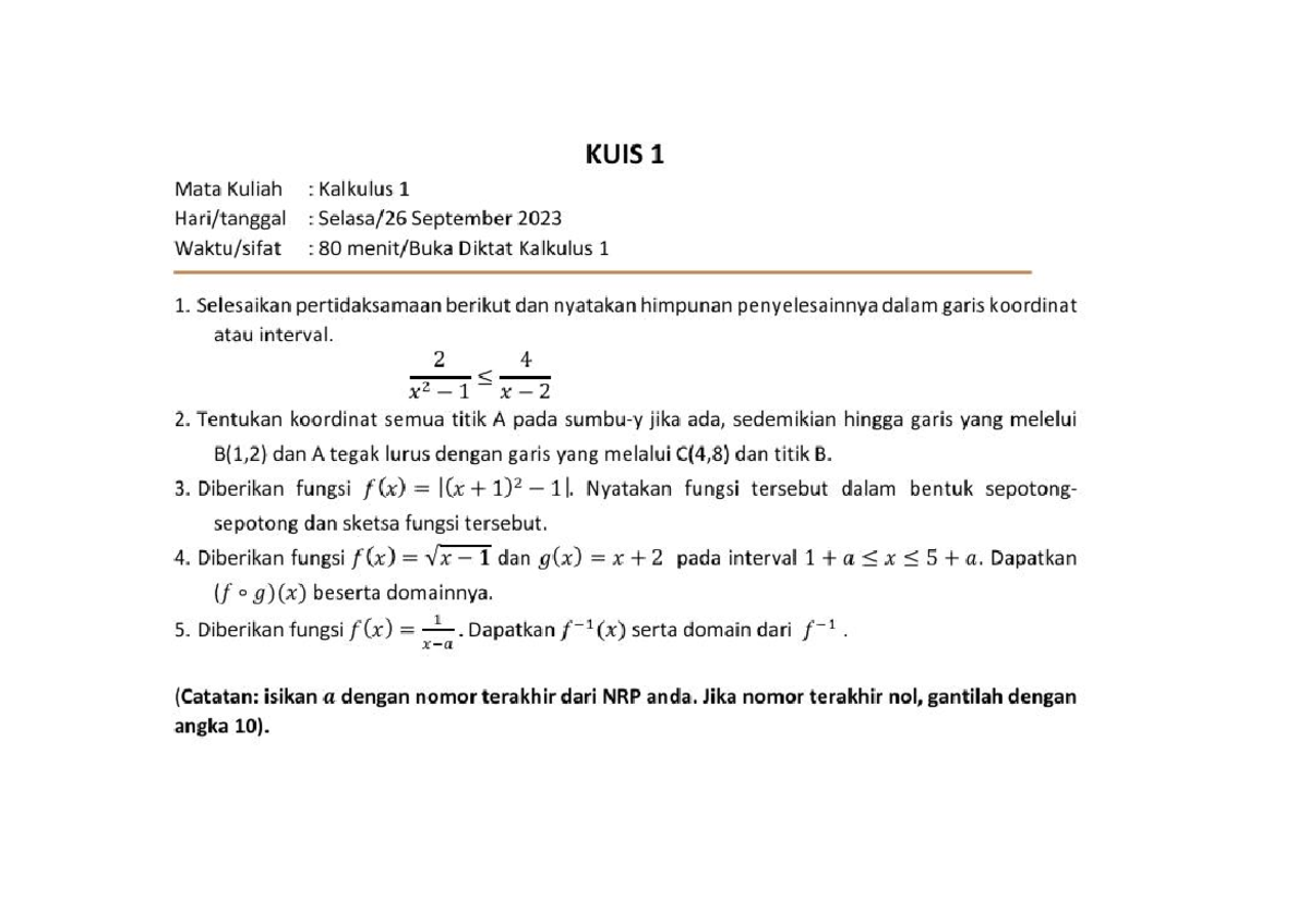 Contoh Soal Kuis 1 Kalkulus 2023 - Kalkulus I – Calculus I - Studocu