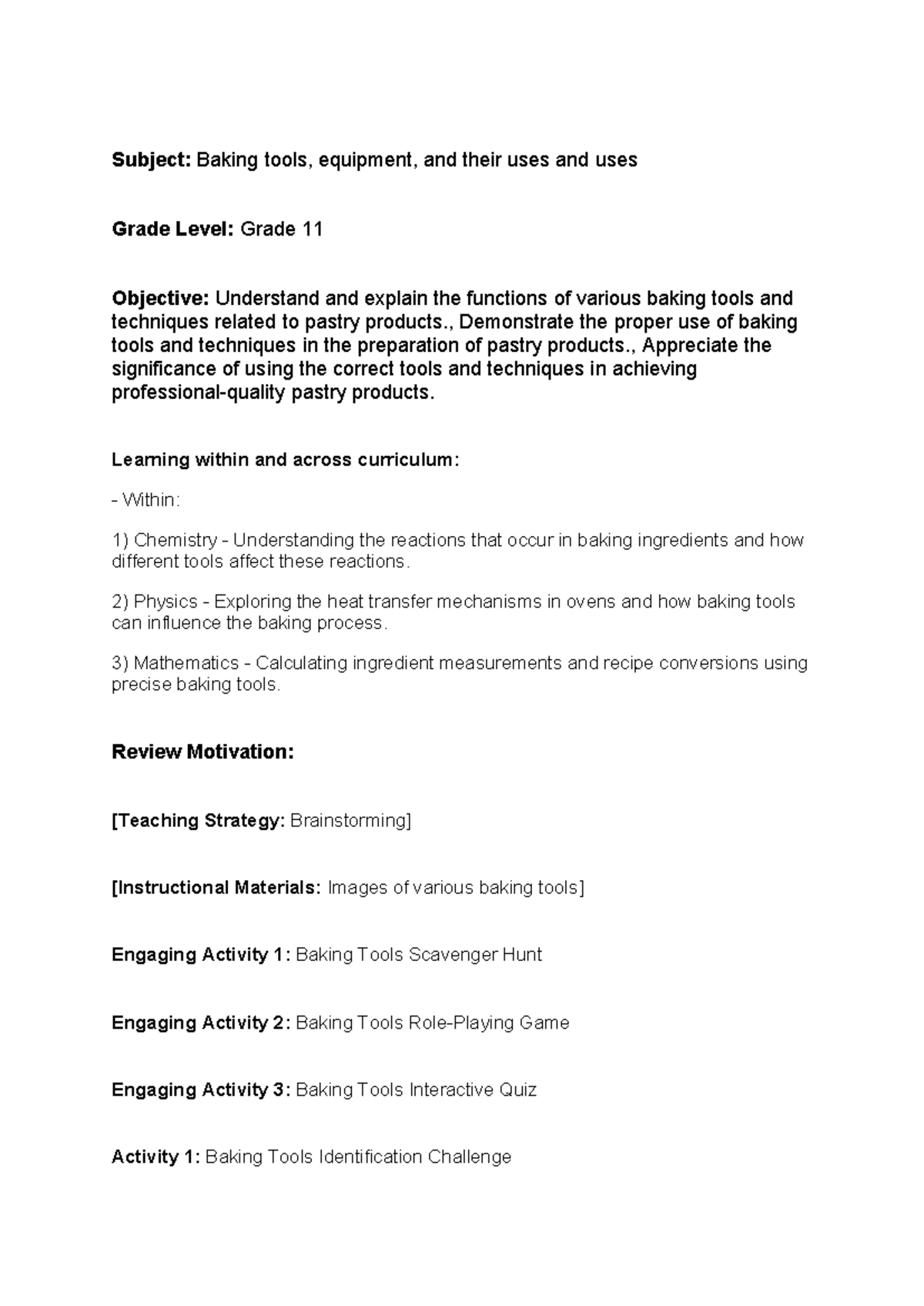 Lesson plan( Baking Tools) - Subject: Baking tools, equipment, and ...
