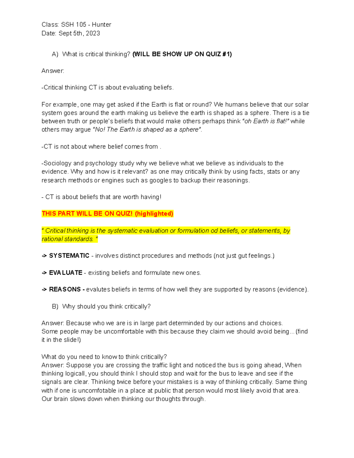 SSH105-Chapter 1 - chapter 1 notes - Class: SSH 105 - Hunter Date: Sept ...