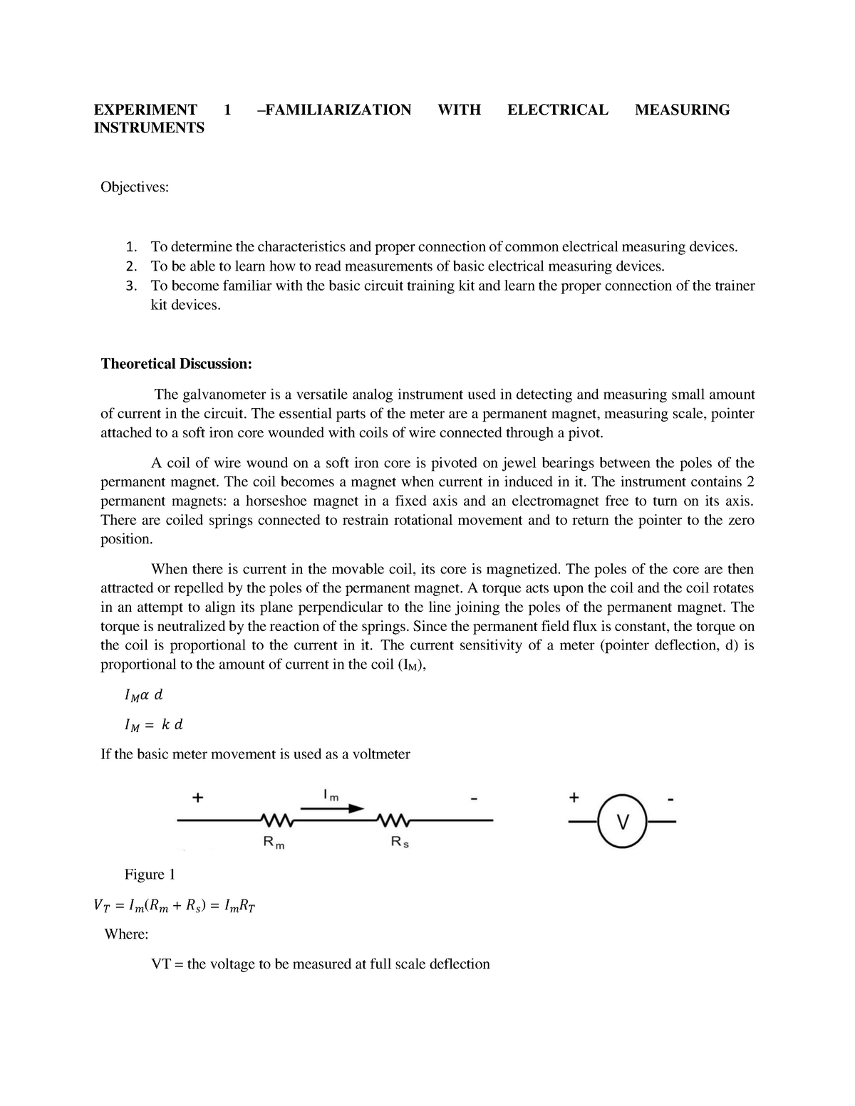 Electrical Instruments - Experiment 1 – Familiarization With Electrical 