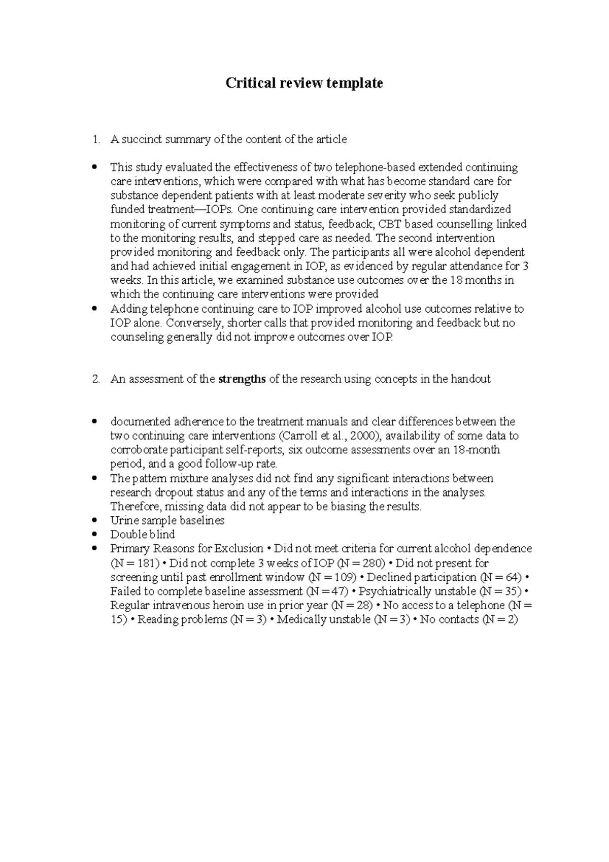 Critical Review Template One Continuing Care Intervention Provided