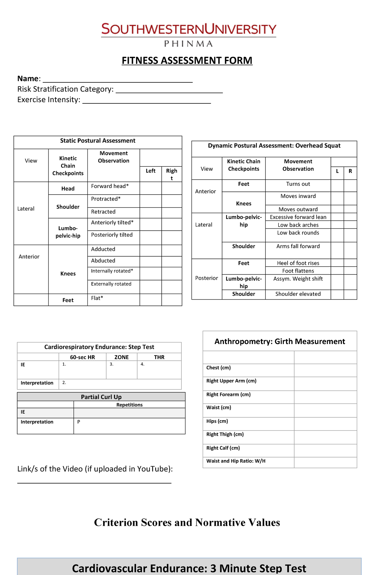 PE Form - hope it helps - FITNESS ASSESSMENT FORM Name