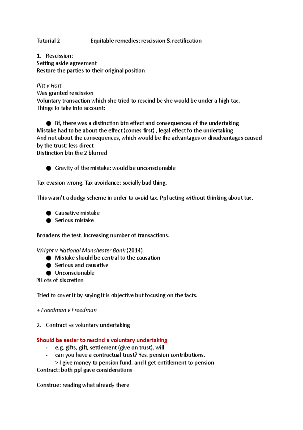 Tutorial 2 (Equitable remedies rescission & rectification) - Tutorial 2 ...