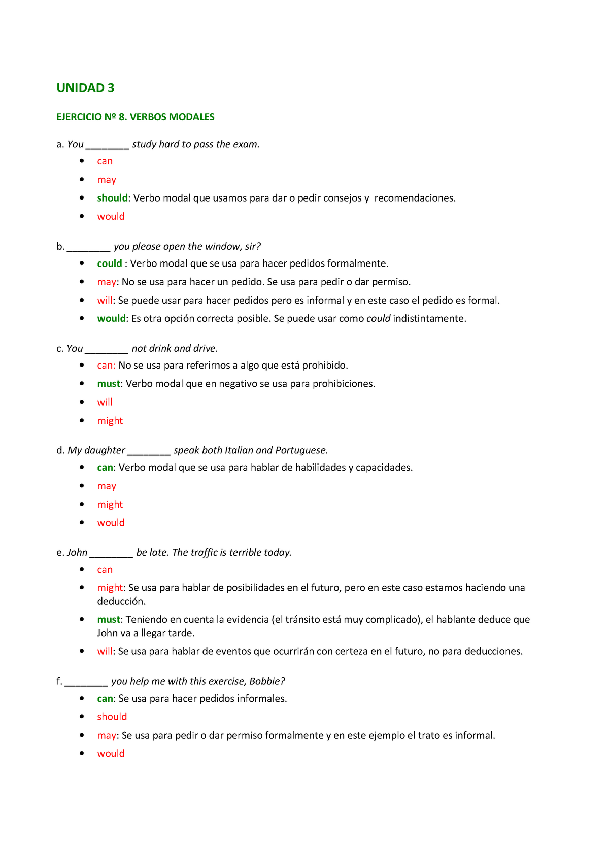 Unidad 3 Verbos Modales Respuestas - UNIDAD 3 EJERCICIO Nº 8. VERBOS ...