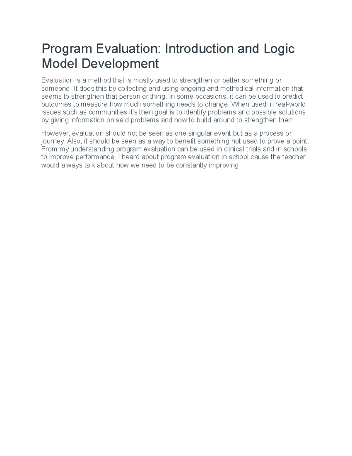 Program Evaluation Introduction and Logic Model Development - Program ...