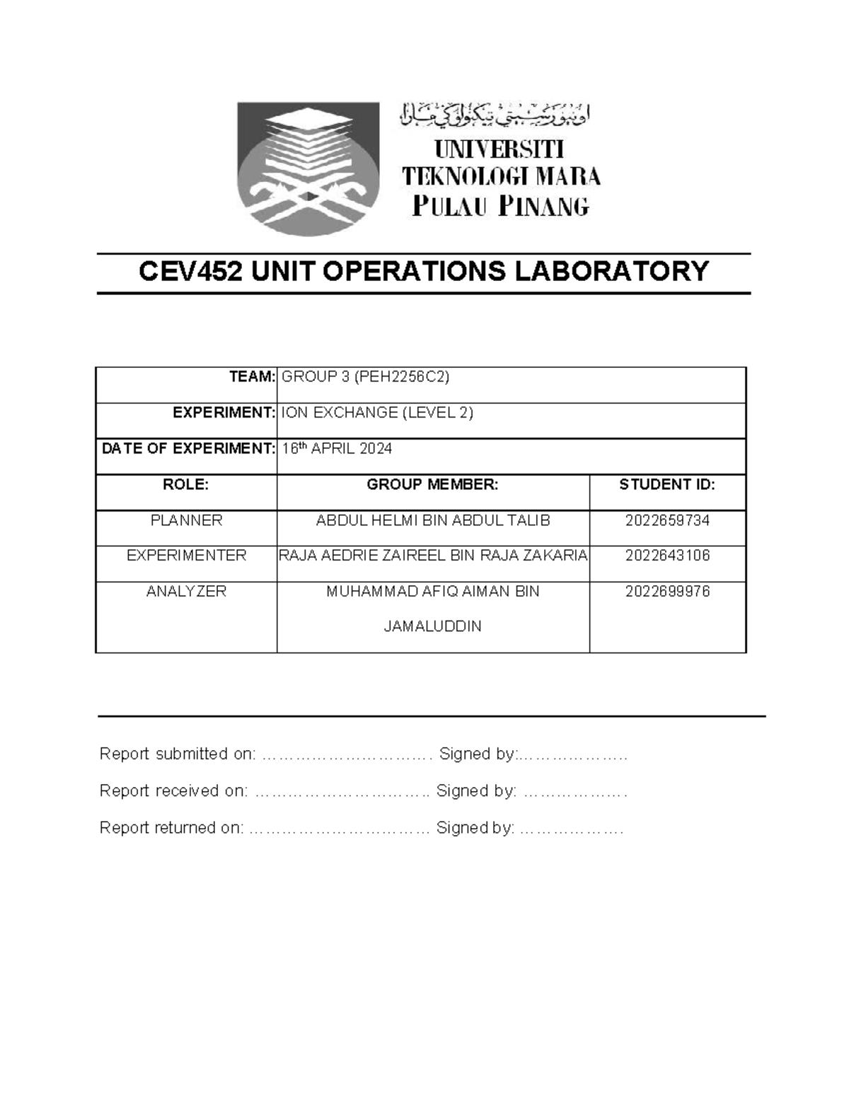 Group 3(6C2) IE Lab Report CEV452 - CEV452 UNIT OPERATIONS LABORATORY ...