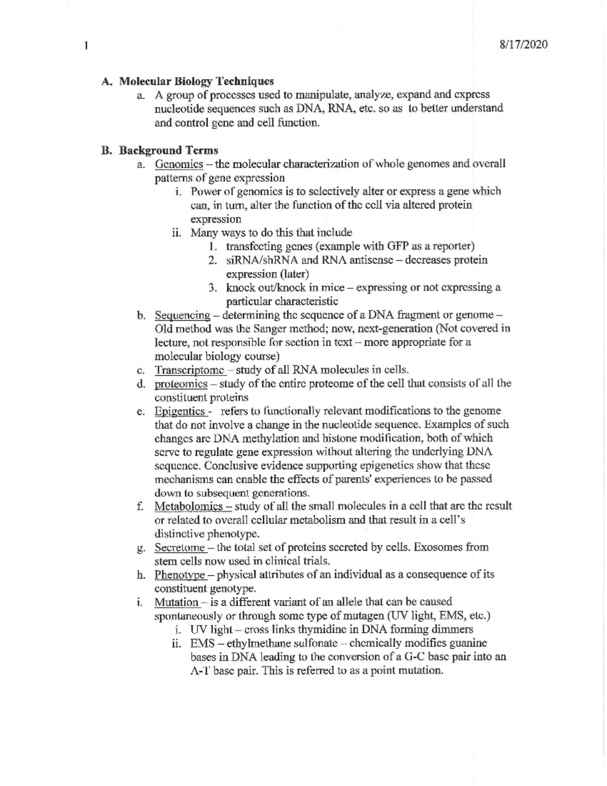 5. Lecture Notes Molecular Biology Techniques 1 A. Molecular Biology