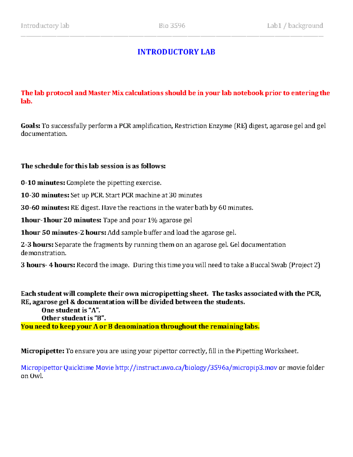Project 1 Protocol - Introductory lab Bio 3596 Lab1 / background ...