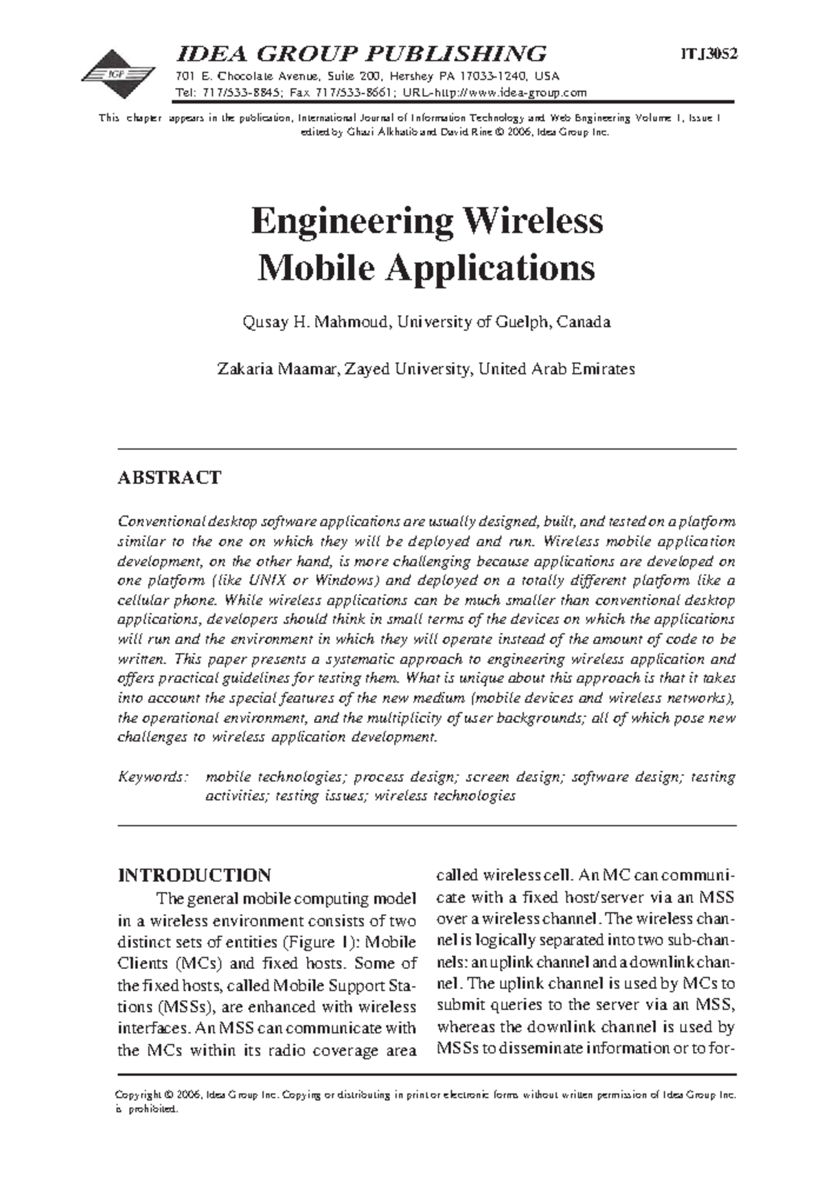 Engineering Wireless Mobile Applications Int J Of Information Technology And Web Engineering Engineering Wireless Mobile Applications Int J Of Information Technology And Web Engineering
