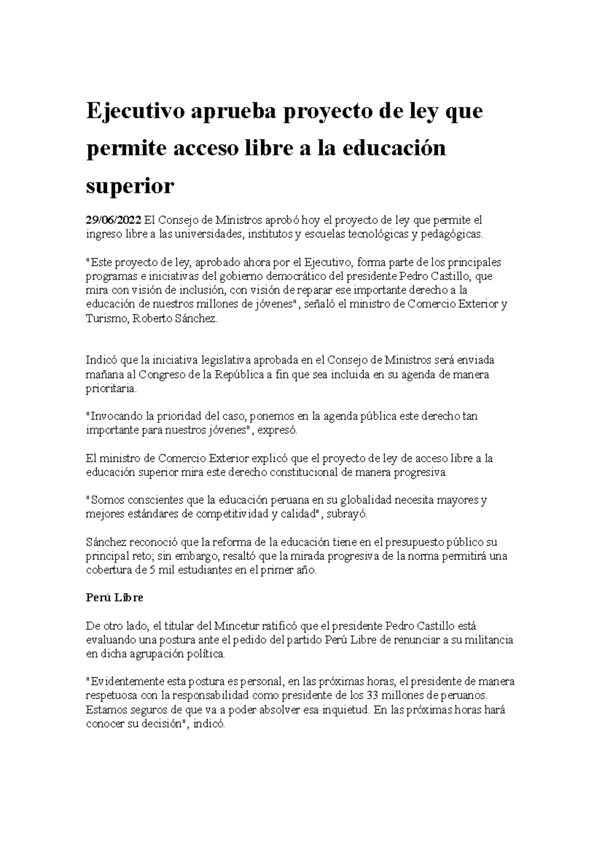 Documento ley de ingreso a la universidades - Ejecutivo aprueba ...