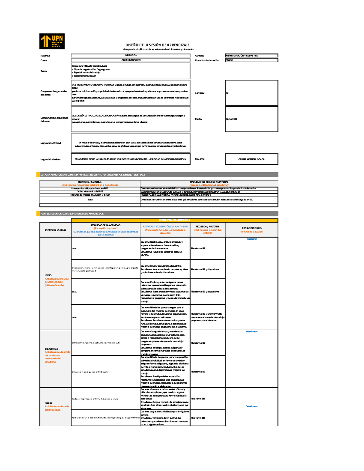 Formato Diseño Sesión Aprendizaje 2022 - Facultad: Carrera ...