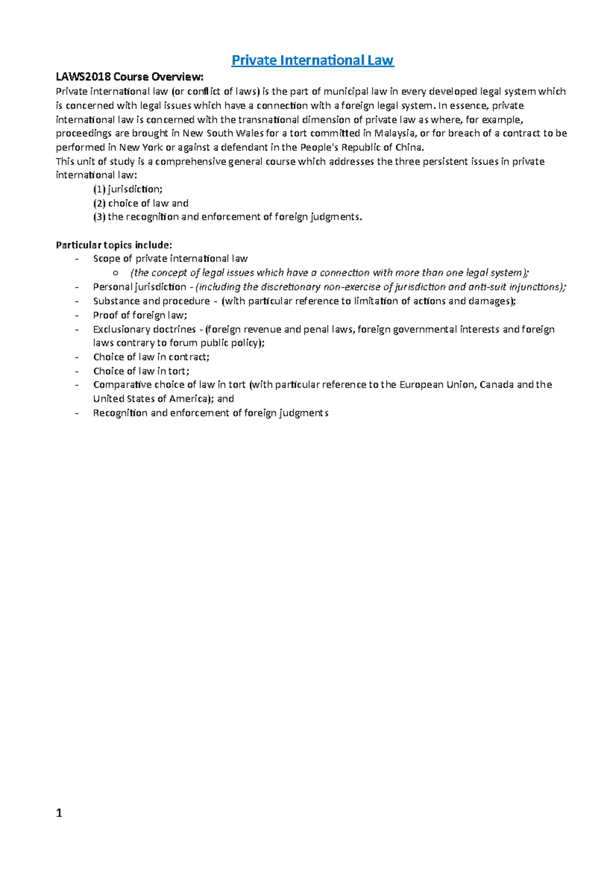 LAWS2018 Final Exam Notes - Private International Law LAWS2018 Course ...