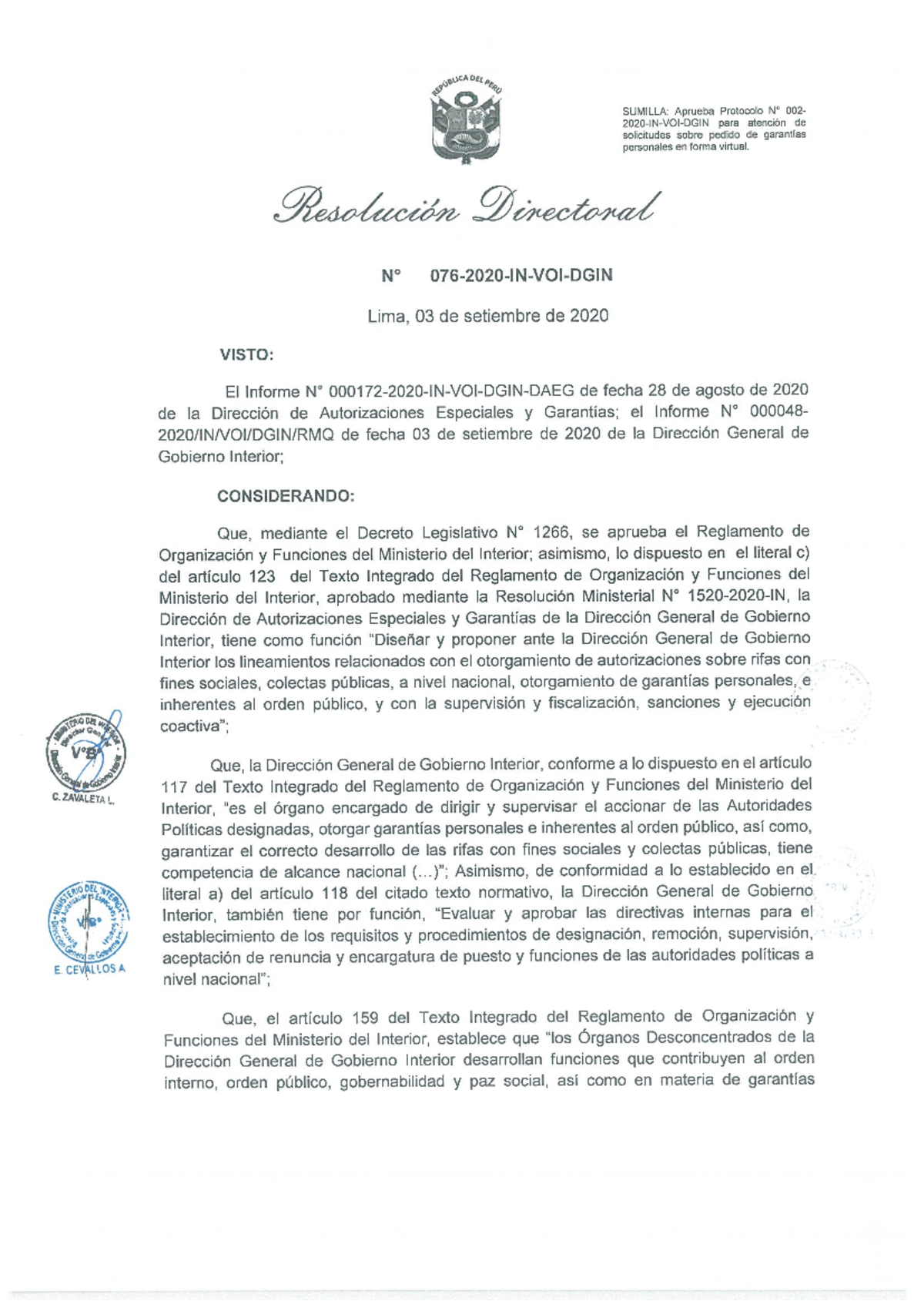 Resolución Directoral Nº 076-2020-IN-VOI-DGIN (aprueba-protocolo ...