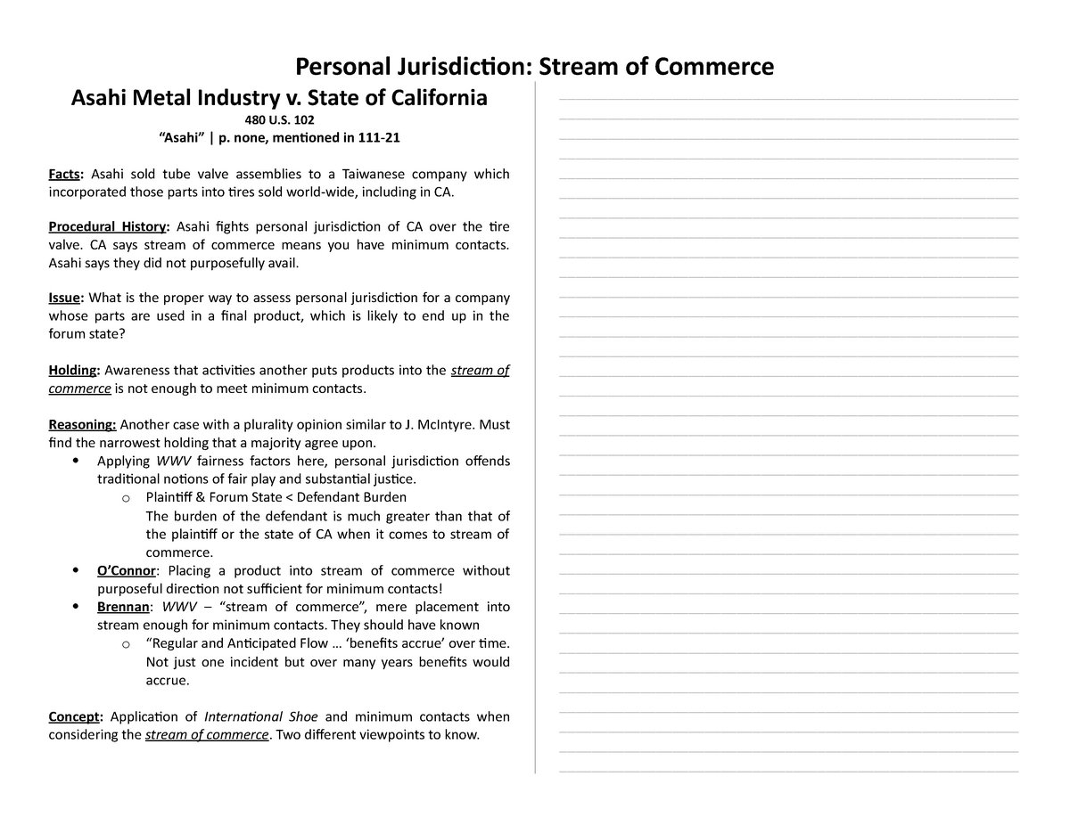 Asahi Metal v State of California Personal Jurisdiction: Stream of