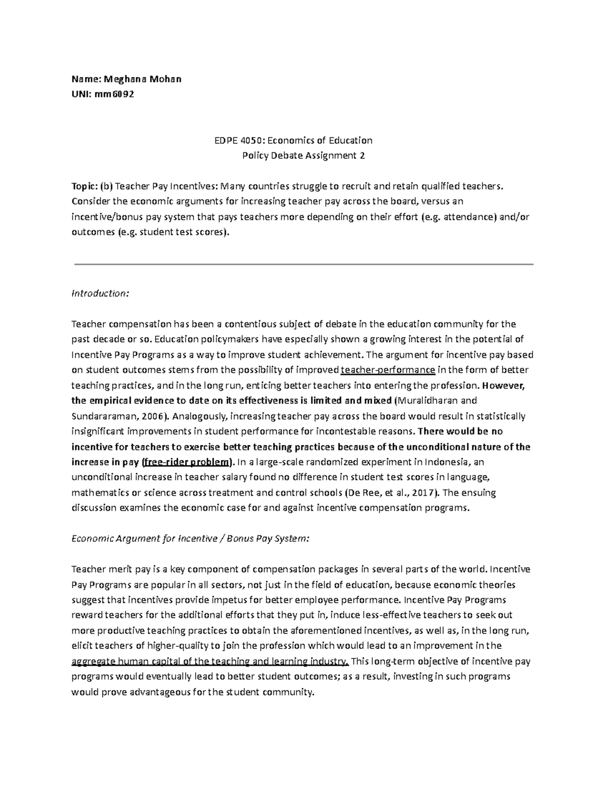 Economics of Education - Assignment 2 - Name: Meghana Mohan UNI: mm ...
