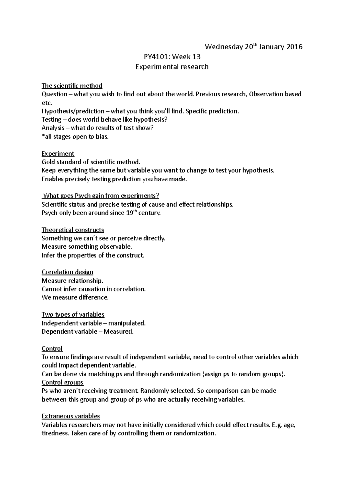 Experimental Research Stats Wednesday 20th January 2016 PY4101 Week