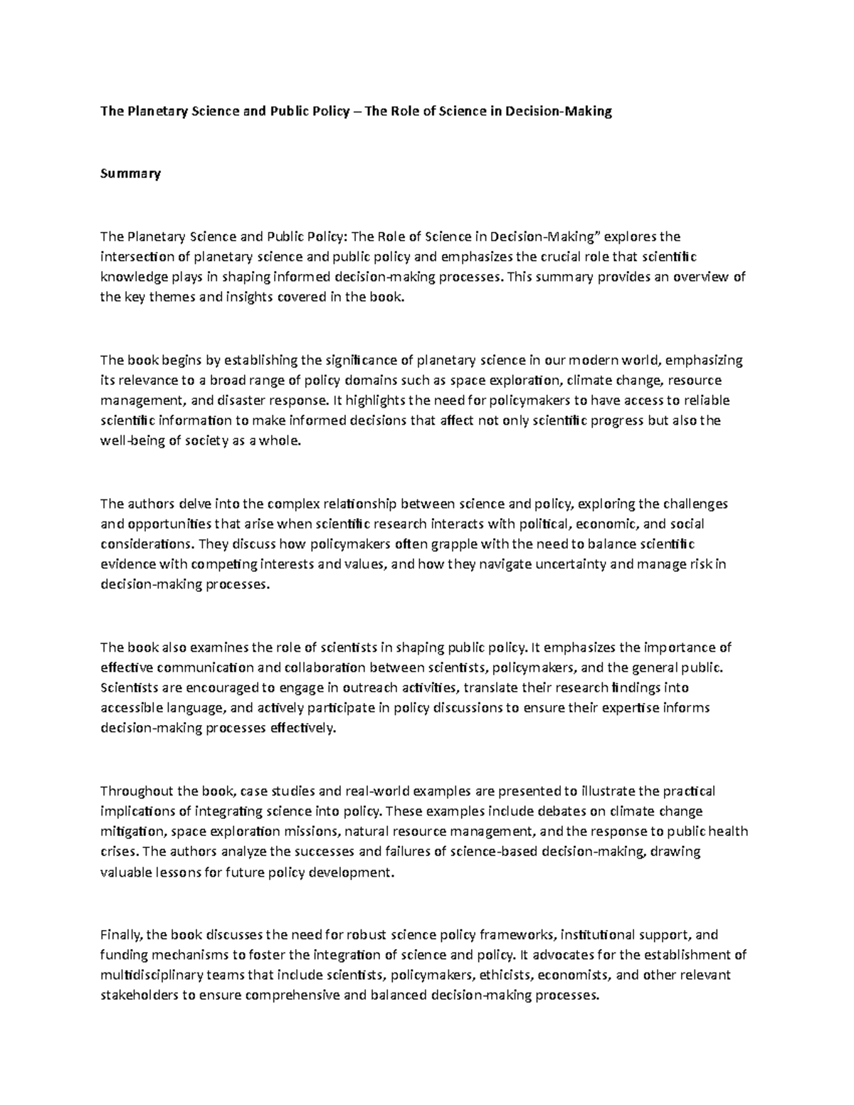 The Planetary Science and Public Policy – The Role of Science in ...