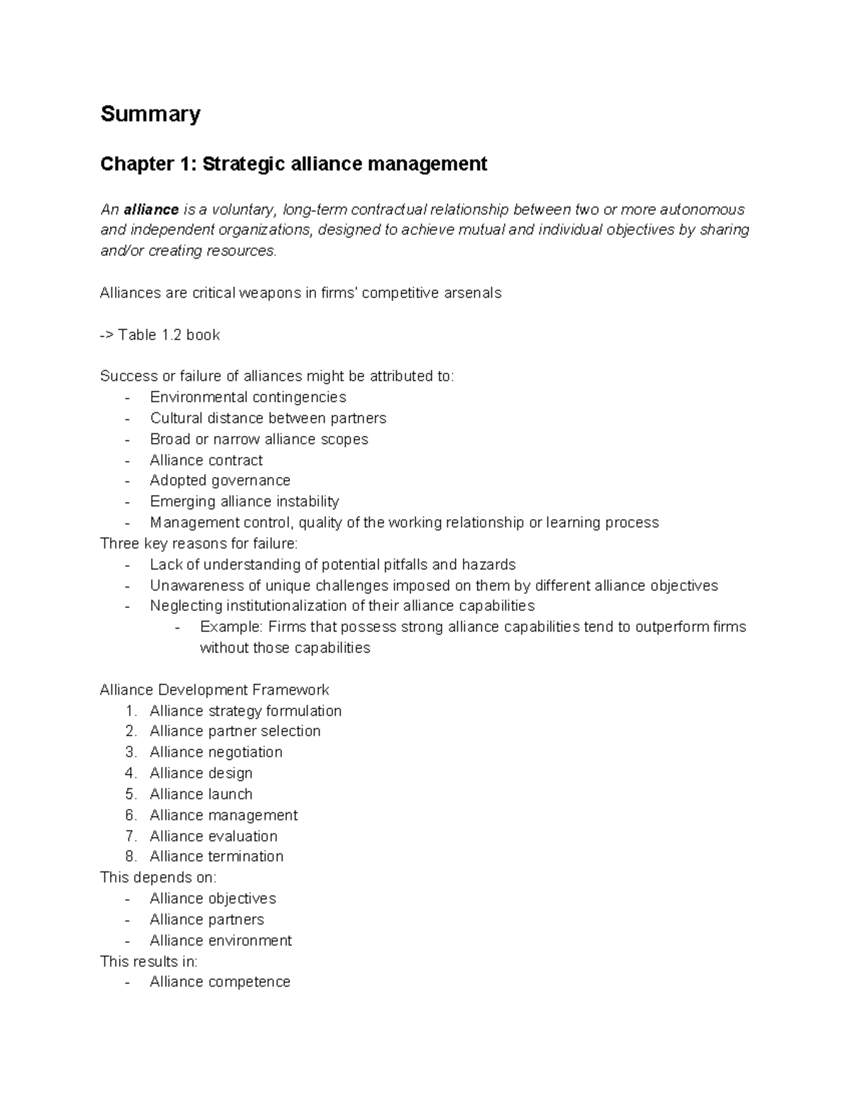 Summary book (bullet points) Summary Chapter 1 Strategic alliance