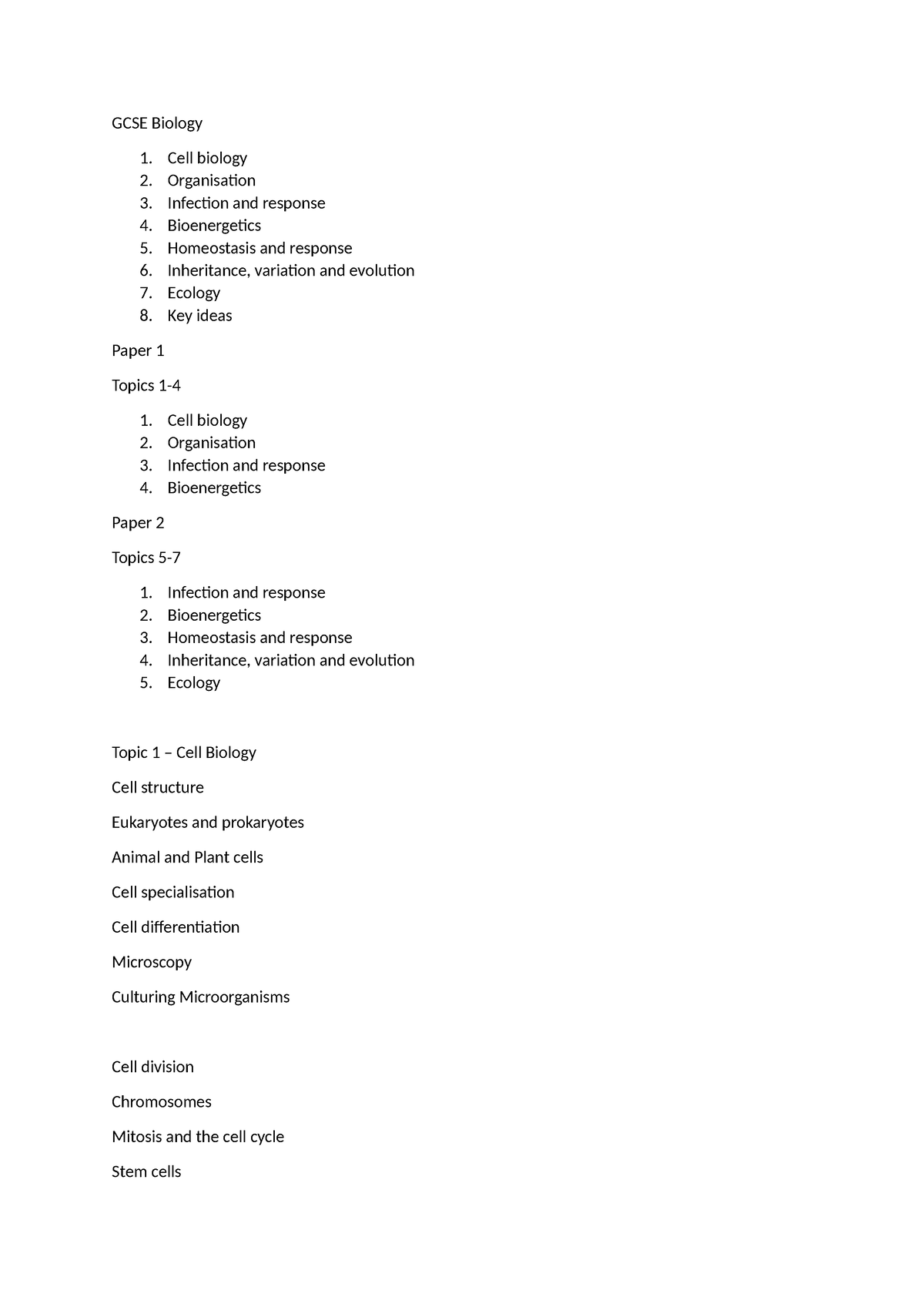 Specification Questionss For Science 2 - Gcse Biology 1. Cell Biology 2 