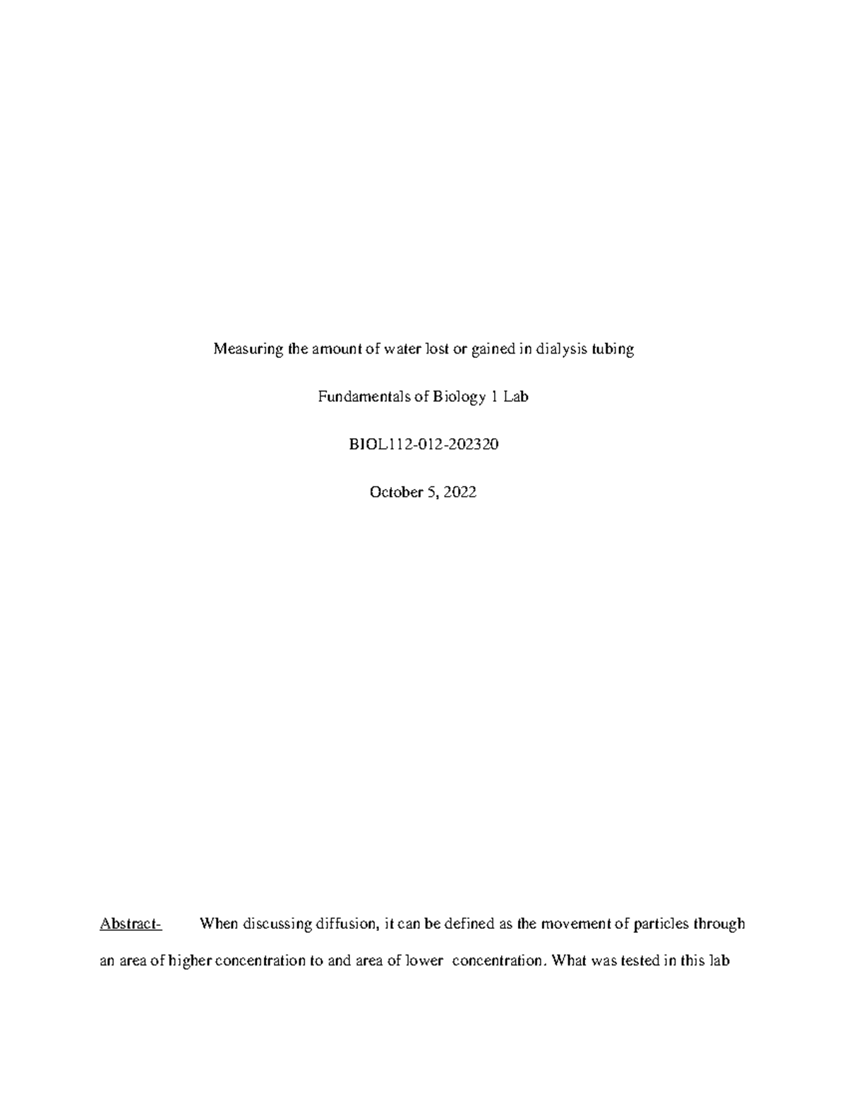 Lab Report 1 - Measuring the amount of water lost or gained in dialysis ...