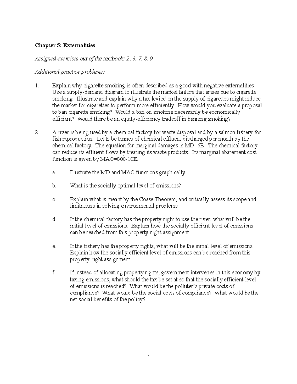 Externalities Textbook Chpt 5 - Chapter 5: Externalities Assigned ...