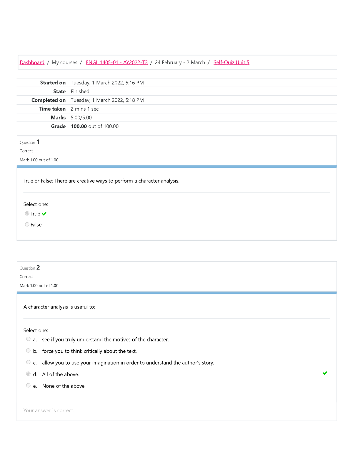 Self-Quiz Unit 5 Attempt Review - Started On Tuesday, 1 March 2022, 5: ...