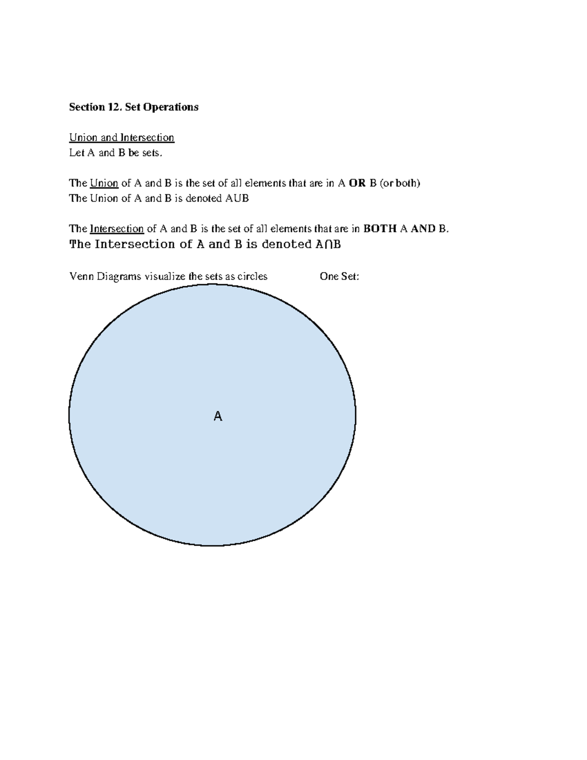 Discrete Structures Section 12 - Section 12. Set Operations Union and ...