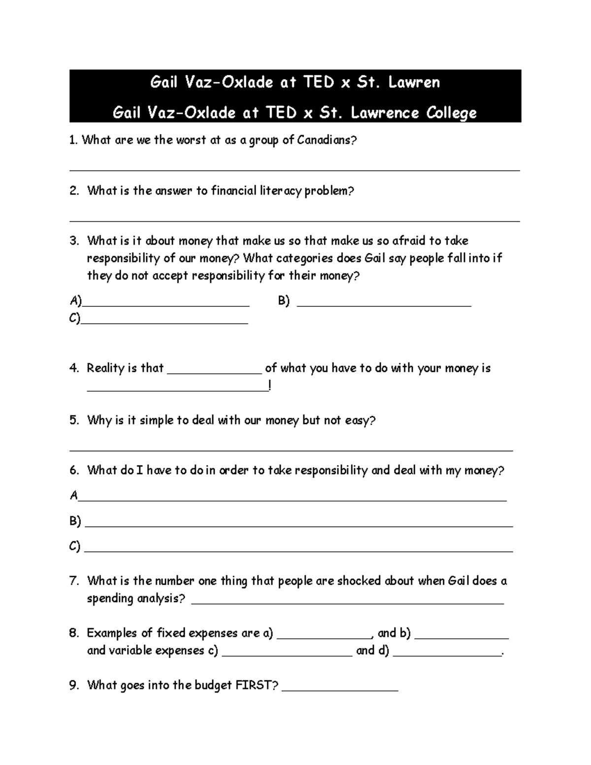 Gail Vaz Ted Talk worksheet answers - Gail Vaz-Oxlade at TED x St