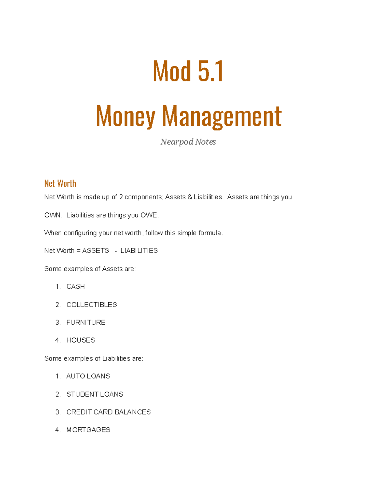 5.1 assignment money management summaries