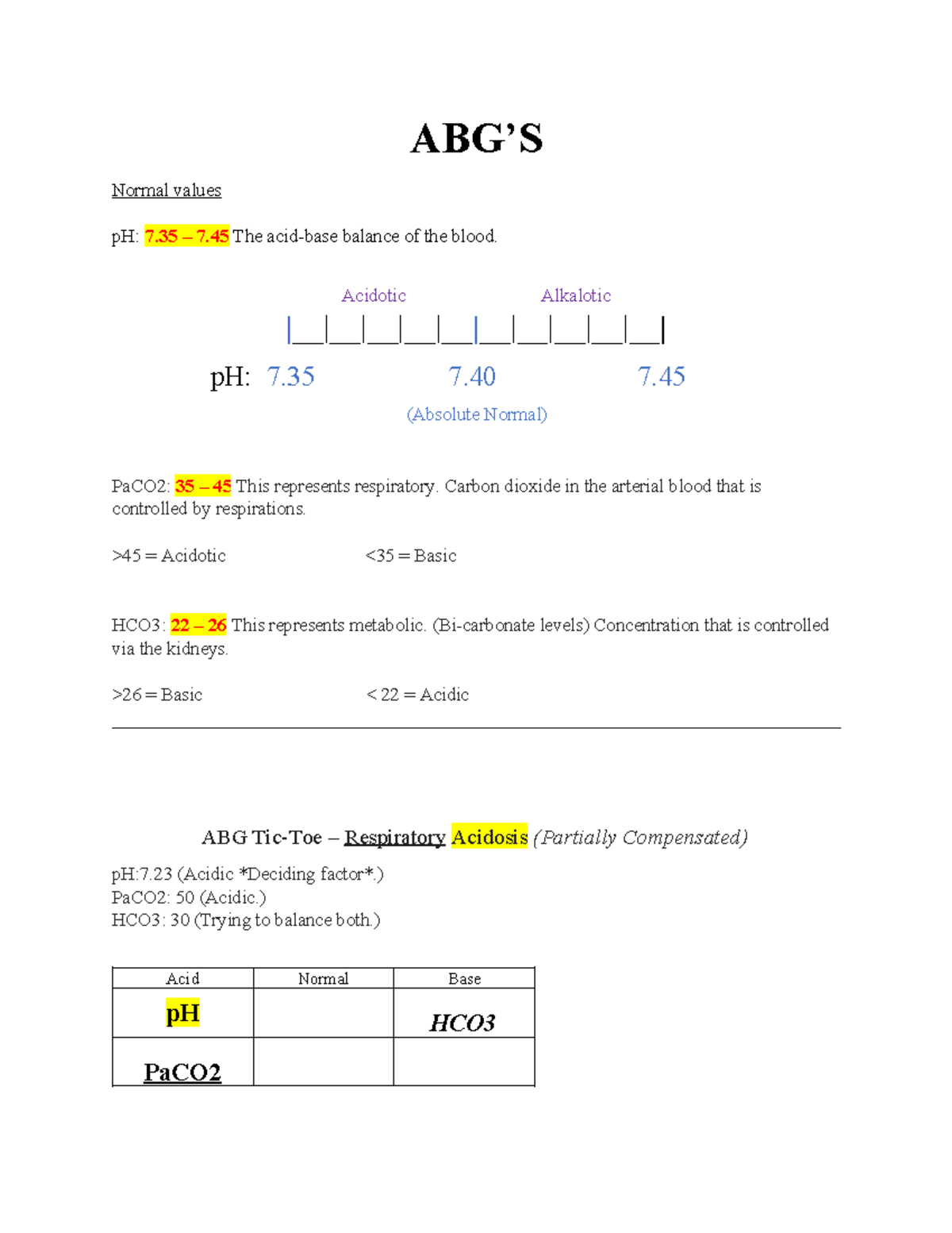 ABG - Notes that will help with lab values - ABG’S Normal values pH: 7 ...