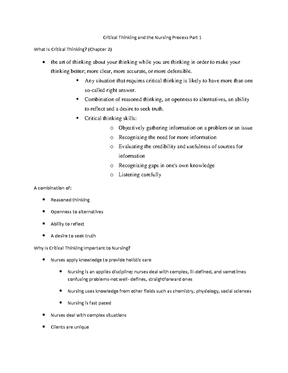 Critical Thinking and the Nursing Process Part 1 Outline - Critical ...