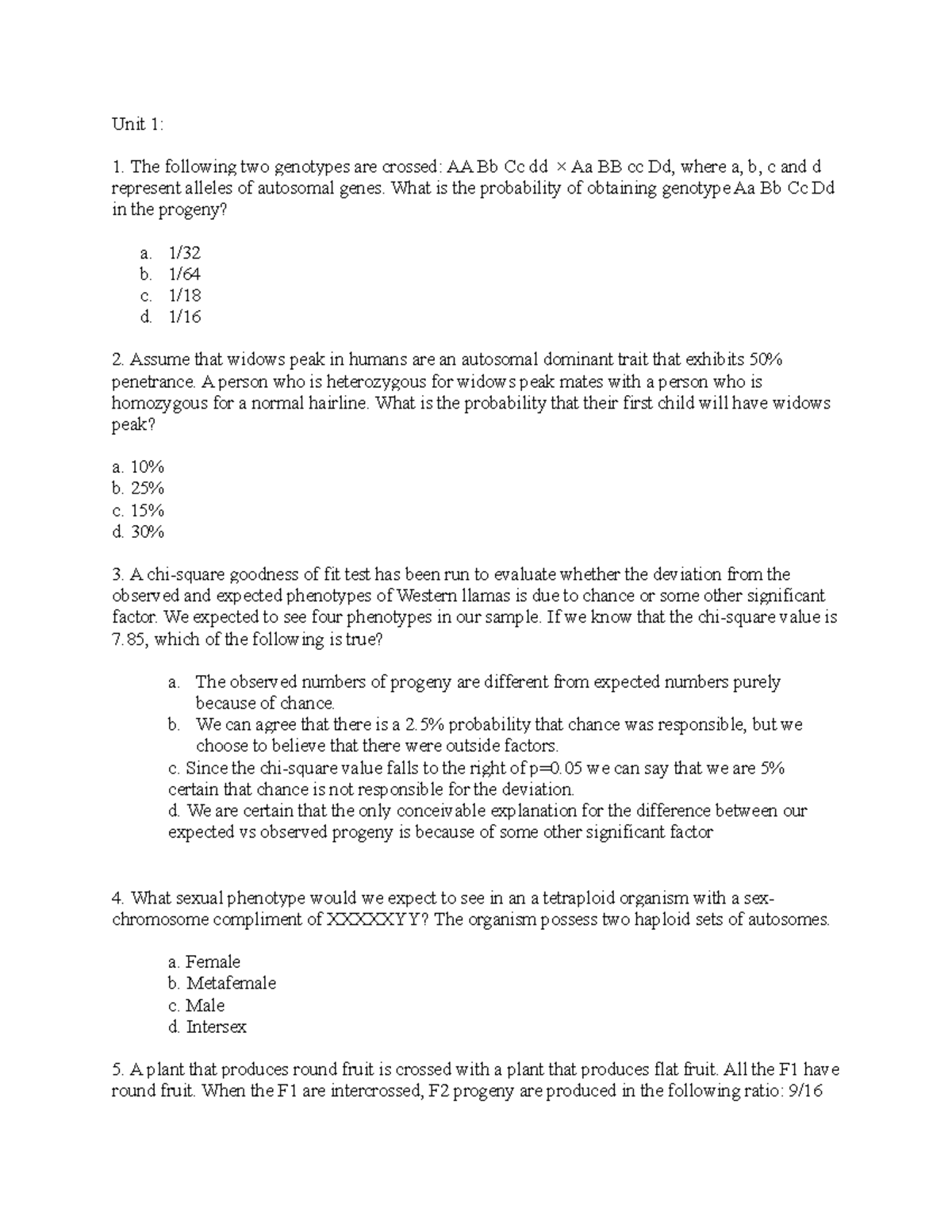 Final EXAM PART 1 - Unit 1: The following two genotypes are crossed: AA ...