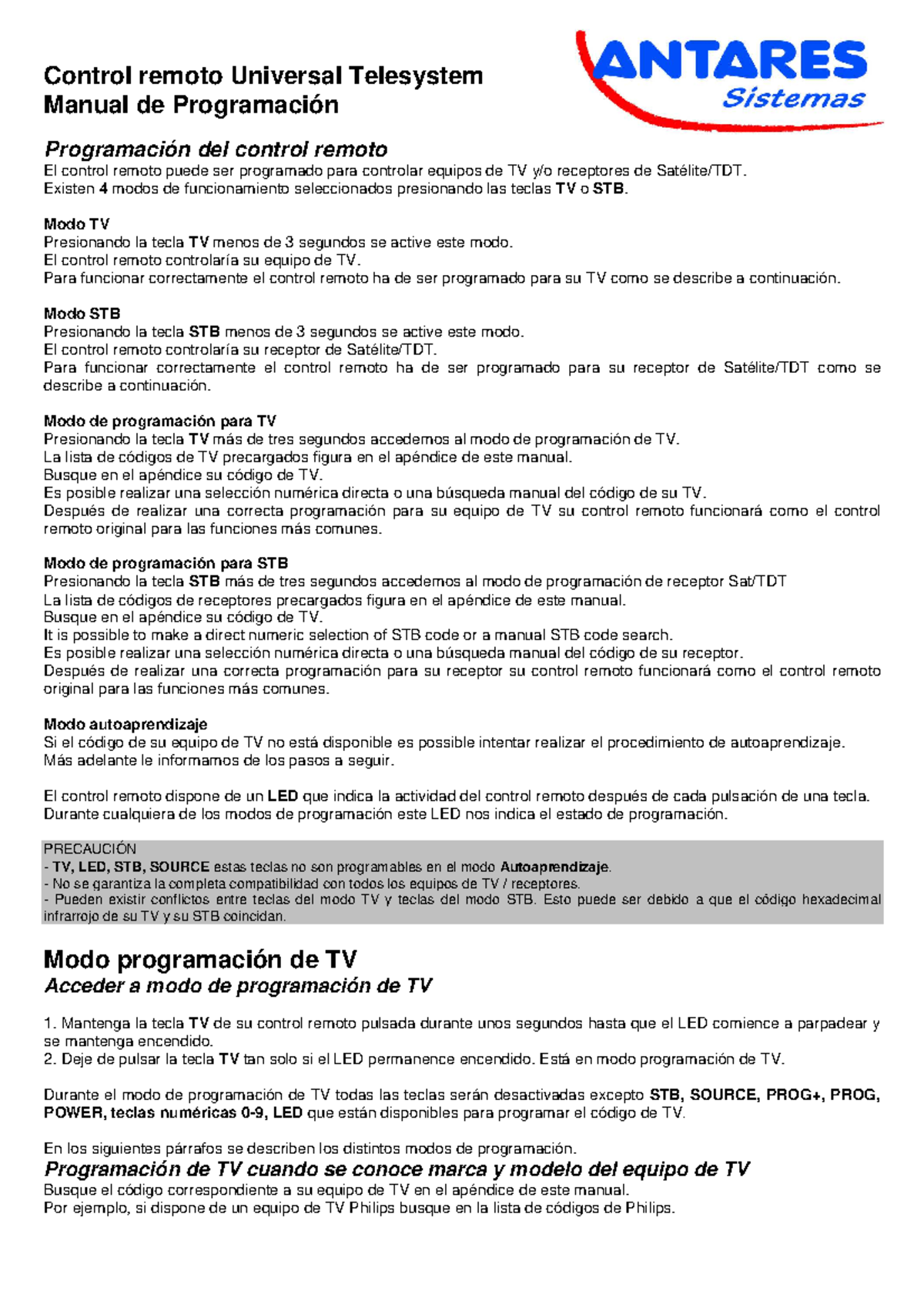 asignatura de controles - Control remoto Universal Telesystem Manual de ...