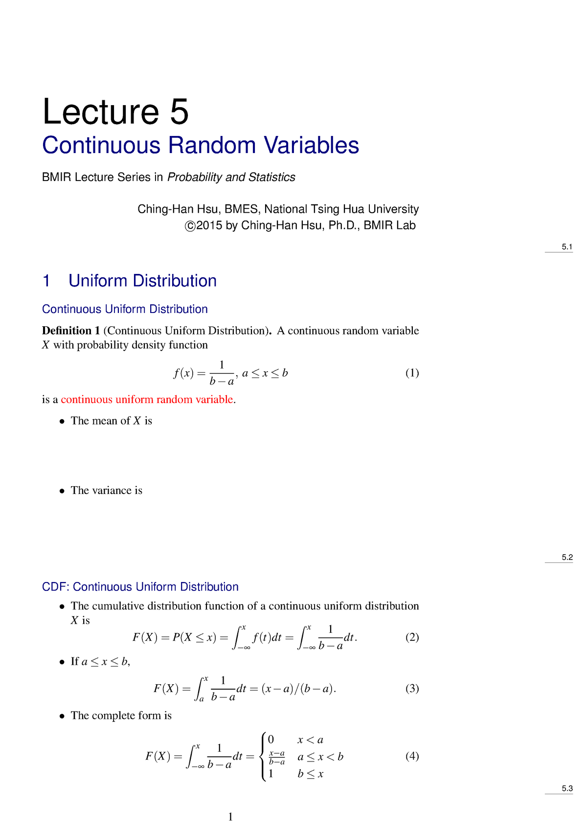 05 Continuous RV Note - Lecture 5 Continuous Random Variables BMIR ...