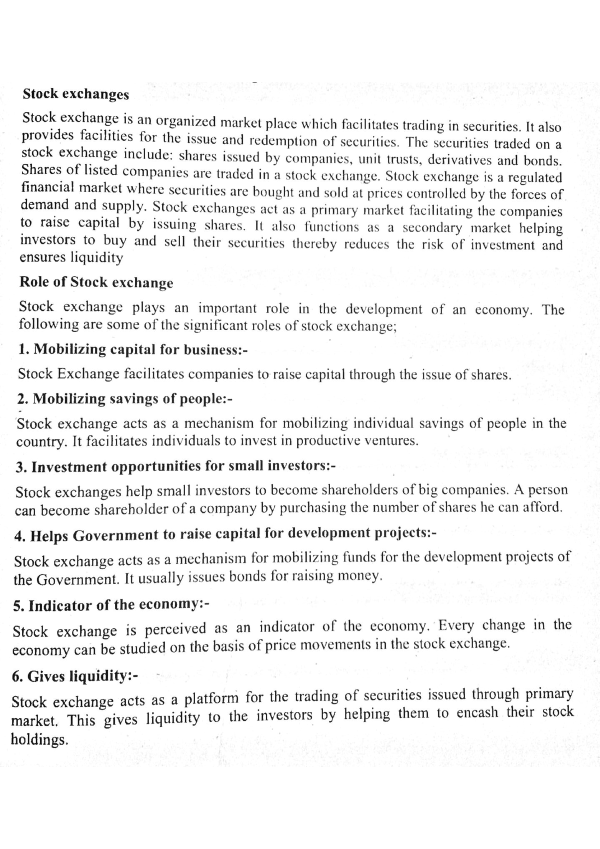 essay on stock exchange and their role