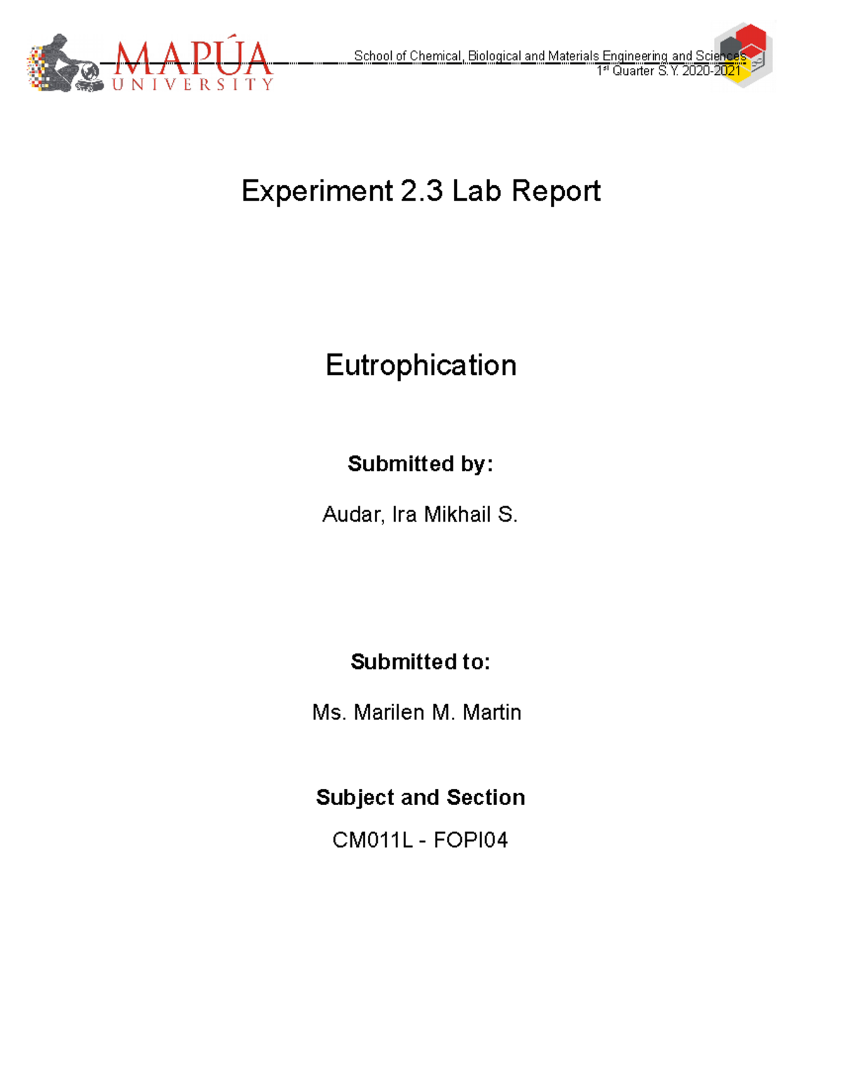 Audar 2.3 LAB Report laboratory experiments from labster in chemistry