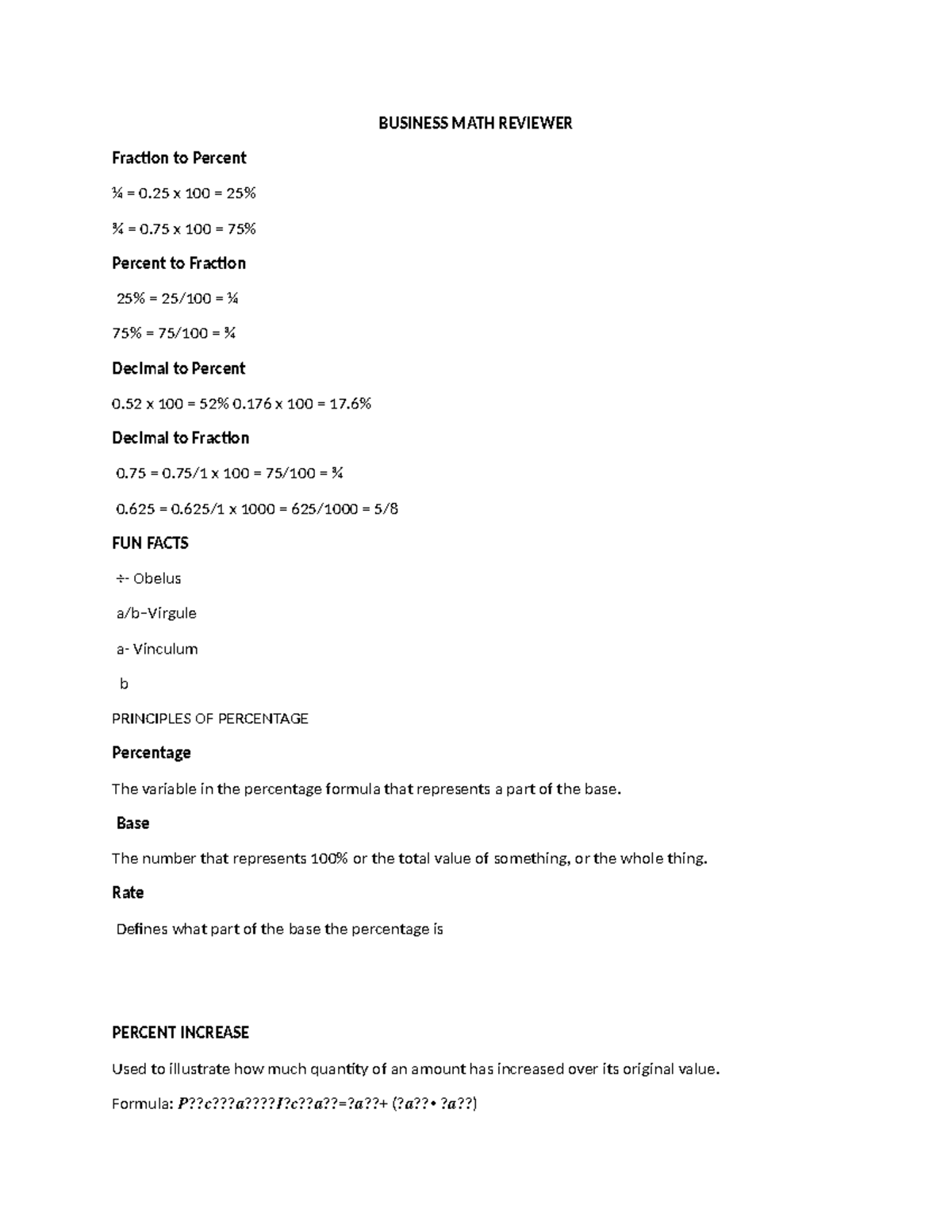 Business MATH Reviewer - BUSINESS MATH REVIEWER Fraction to Percent ¼ ...