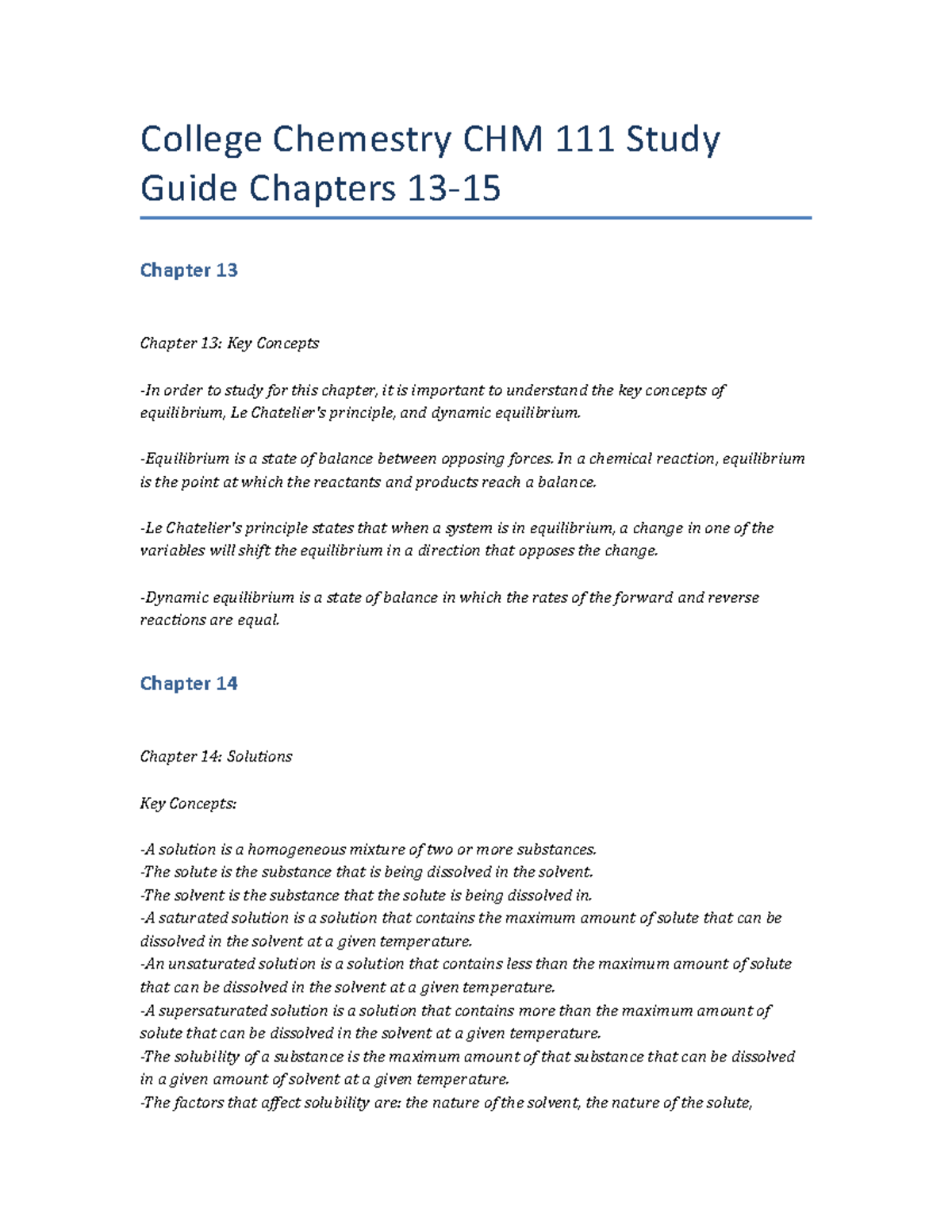 College Chemestry CHM 111 Study Guide Chapters 13-15 - College ...