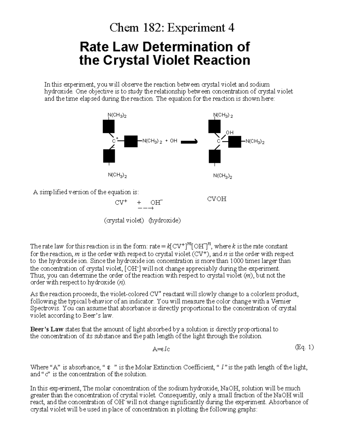 CHEM 182 Rate Law - Chem lab - Chem 182: Experiment 4 Rate Law ...