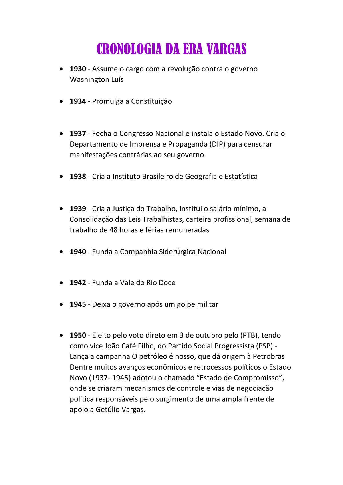 Cronologia DA ERA Vargas História CRONOLOGIA DA ERA VARGAS Assume o cargo com a