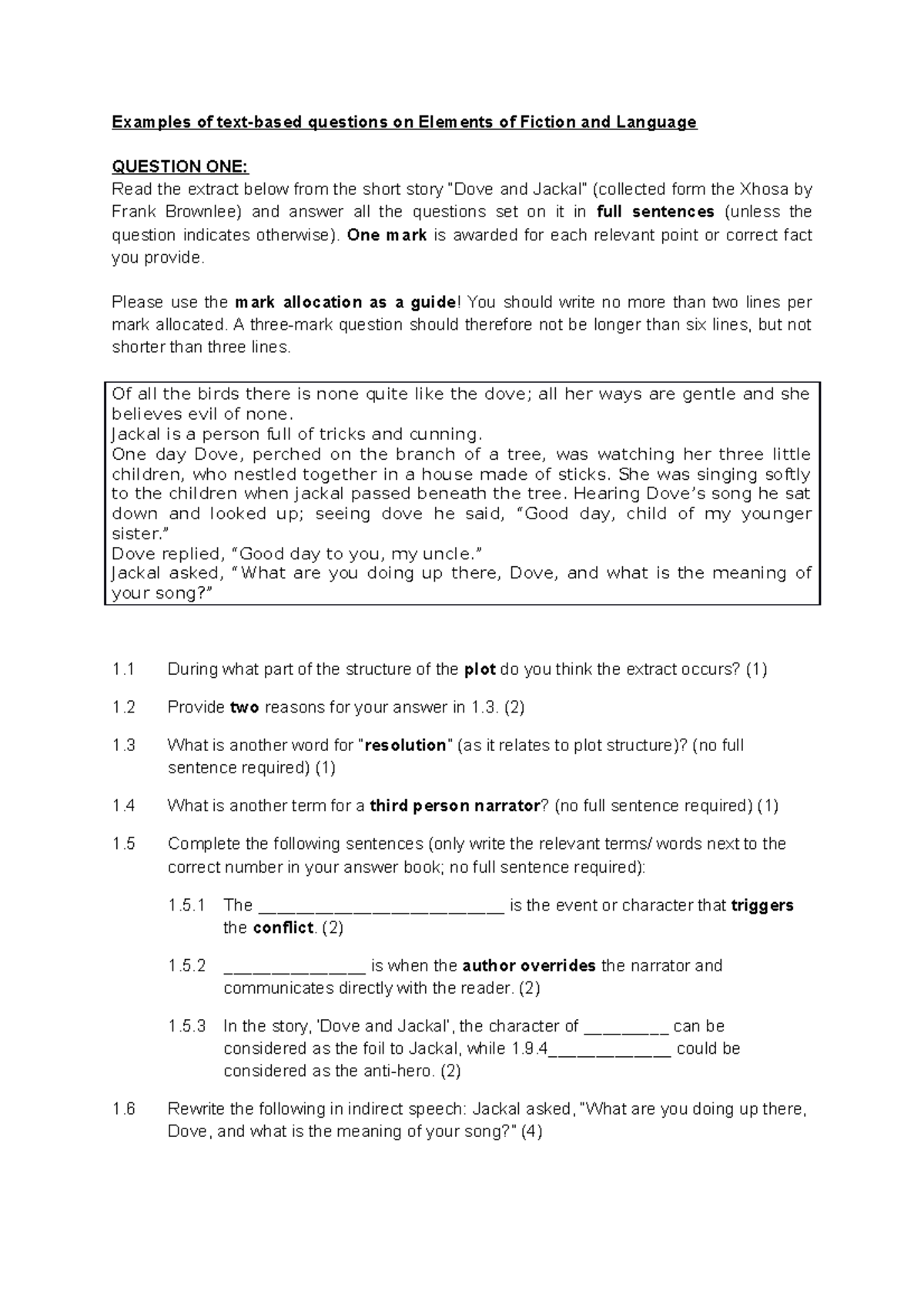 Examples Of Text Based Questions On Elements Of Fiction 2018 One Mark