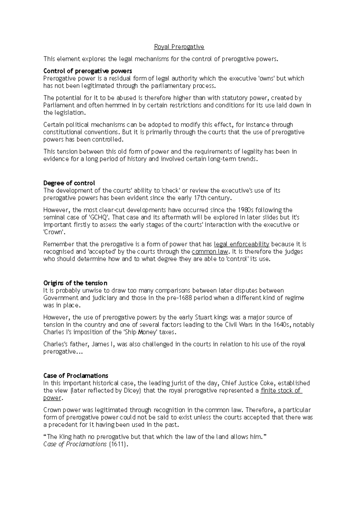 Royal Prerogative - Public law notes - Royal Prerogative This element ...