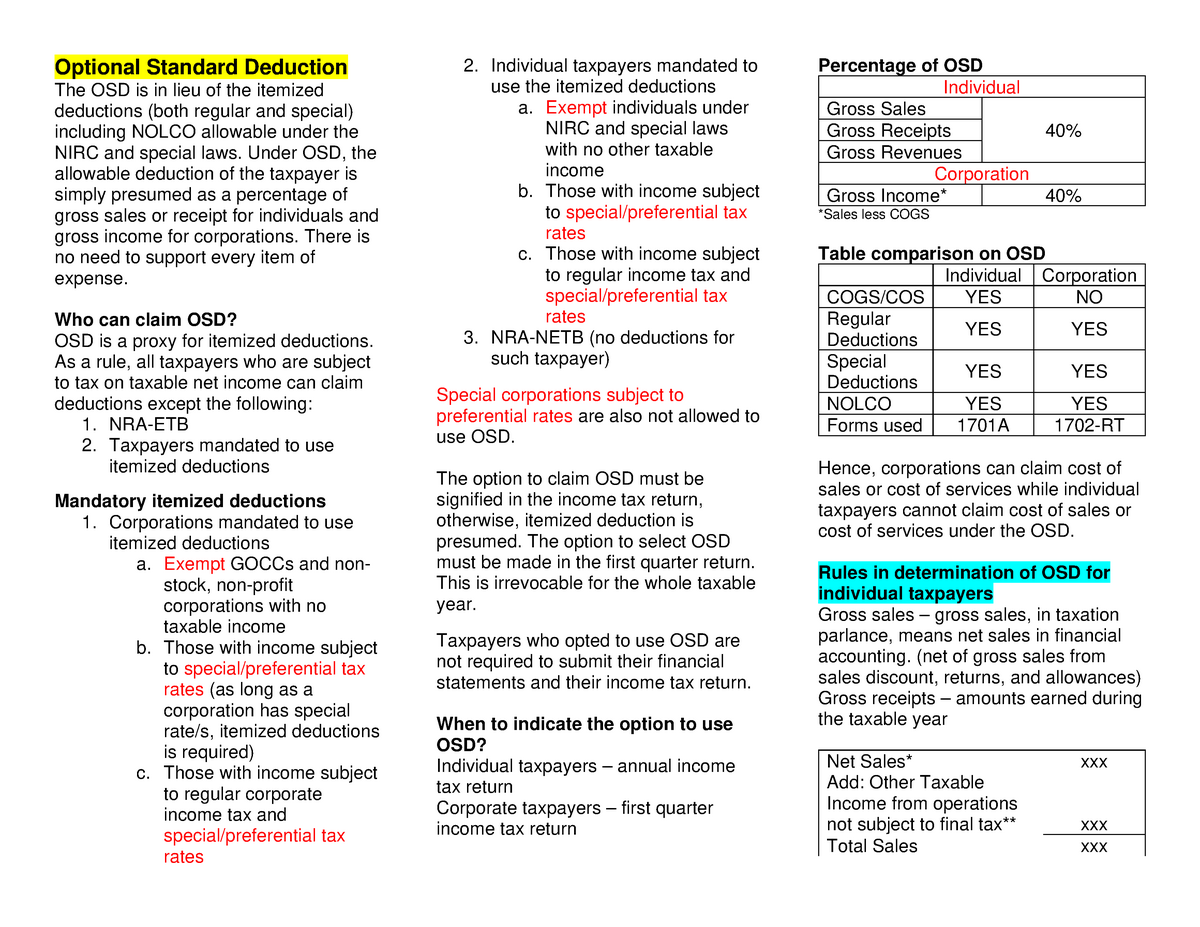 Optional Standard Deduction Revised Optional Standard Deduction The 